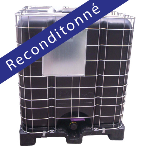 ​​CONTENEUR CUBI PLASTIQUE 1 000L RECONDITIONNE NOIR SUR PALETTE PLASTIQUE AVEC VANNE