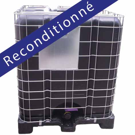 ​​CONTENEUR CUBI PLASTIQUE 1 000L RECONDITIONNE NOIR SUR PALETTE PLASTIQUE AVEC VANNE