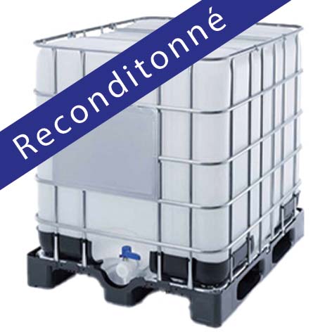 ​​CONTENEUR CUBI PLASTIQUE 1 000L RECONDITIONNE BLANC SUR PALETTE PLASTIQUE AVEC VANNE